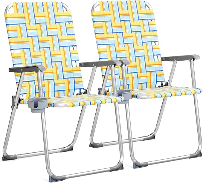 Patio Dining Chairs Set of 2 Folding Aluminum Yellow with Cup Holder