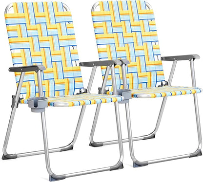 Patio Dining Chairs Set of 2 Folding Aluminum Yellow with Cup Holder