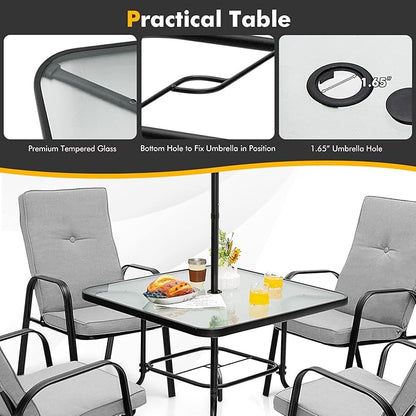 Tangkula 35" Patio Dining Table for 4, Square Outdoor Dining Table with Tempered Glass Tabletop, 1.65" Umbrella Hole & Metal Frame, 4-Person Outside Dining Table for Backyard, Lawn, Deck & Poolside