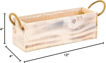 Wooden Planter Box with Handle I Rustic Whitewash I Plastic Liner l Garden Decor l Restaurant and Wedding Decorations l Table Centerpiece (12x4 w Handle Set of 4, Whitewash)