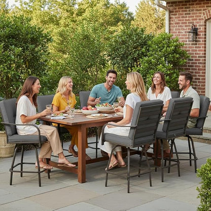Patio Swivel Bar Stools Set of 6, Outdoor Bar Height Swivel Chairs with Cushions for Garden Balcony Backyard, Grey