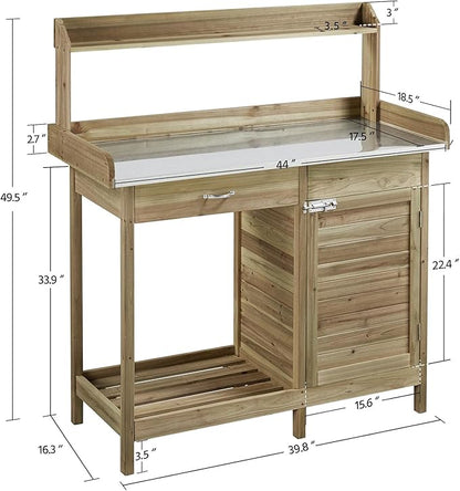 Yaheetech Outdoor Potting Bench Table, Garden Work Bench w/Metal Tabletop Work Station w/Cabinet Drawer, Open Top&Lower Shelf, Handy Hooks, ACQ Lumber Wood, Light Green