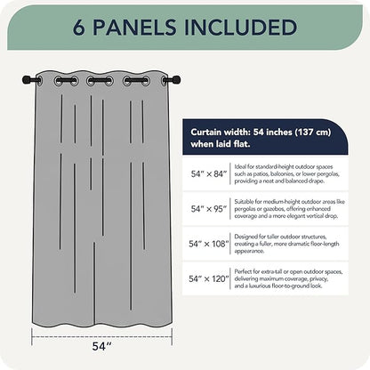 Outdoor Curtains for Patio Waterproof 6 Panels - Windproof, Privacy, Weatherproof Outside Drapes for Gazebo Pergola Porch, Grommet Top and Tab Bottom, 54x84 Inch, Sage Green