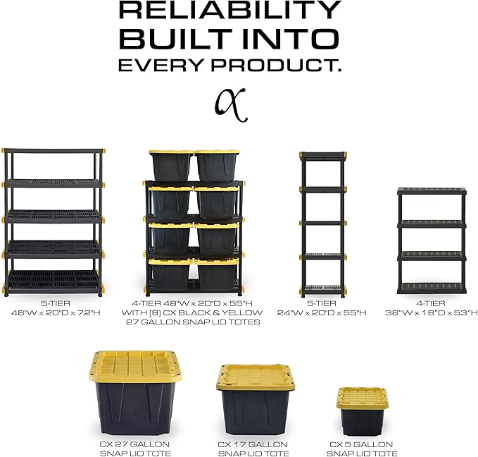 CENTREX CX 5-Tier Heavy Duty Plastic Storage Shelves that Support up to 150lbs/shelf, Organization and Storage, Weather-Resistant Design, Easy Assembly, 2 Pack, Black (72”H x 36”W x 18”D)