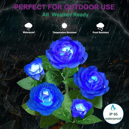 Solar Flower Lights Outdoor - Upgraded New Material Two Modes Realistic LED Solar Powered Waterproof Lights with 5 Roses, Solar Decorative Stake Lights for Garden (Blue, 4 Pack)