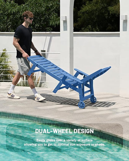 Lounge Chair Outdoor, Chaise Lounge Outdoor, HDPE 6-Position Lounge Chair for Outside, Patio Lounge Chair with Wheels & Cup Holder for Pool Poolside Deck Backyard, Navy Blue