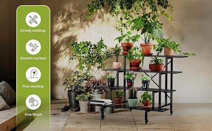 Zhongma 4 Tier Sturdy Metal Plant Stand with Wheels, L45.67 x W34.65 x H35.83 inch, Heavy Duty Plant Holder for Home Indoor and Outdoor, 880 LBS Capacity & Heavy Duty Construction