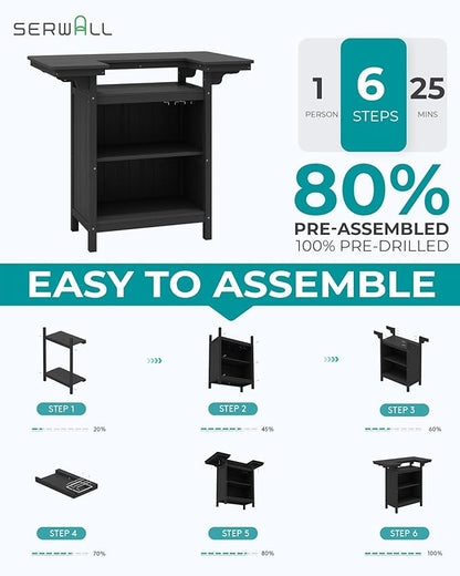 SERWALL Outdoor Bar Table,Patio Bar Cabinet with 4-Tier Storage and Spacious Tabletop for Outside,Poolside, Backyard,Made of HDPE,Black