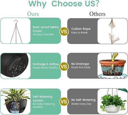 4 Pack 8 Inch Self Watering Hanging Planters for Indoor Outdoor Plants，Hanging Pots for Plants with Drainage Removable Tray, Hanging Baskets Flower Pots for Ivy Pothos Spider Garden Porch Black