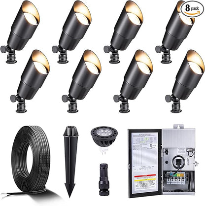 Gardenreet Black Brass Low Voltage Landscape Spotlights(8-Pack) Kit 12V LED with 150W Low Voltage Transformer & Mechanical Timer & 100FT Wire & 40Pack Connectors for Outdoor House Garden Patio