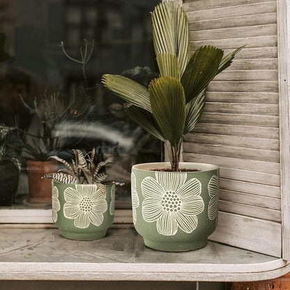 YBX 8 Inch + 6 Inch White Flower Pattern Plant Pots, Sand Glazed Ceramic Planter with Drainage Hole, Flower Pots for Indoor Plants, Green