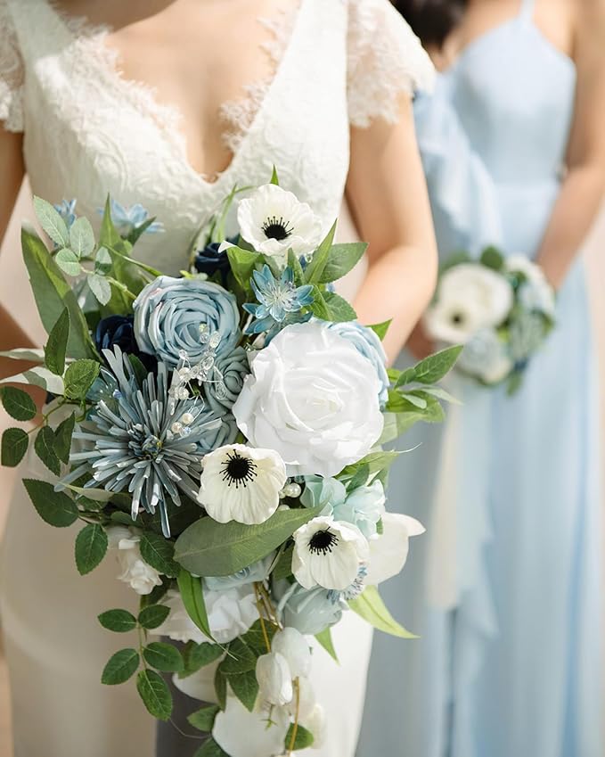 Artificial Flowers Cascade Bridal Bouquet, Dusty Blue Silk with Pearls