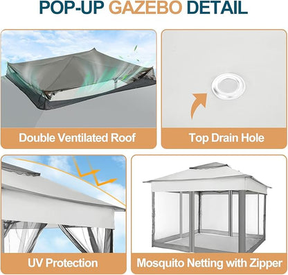 COBIZI 11x11 Pop Up Gazebo Canopy Tent Easy Up Outdoor Gazebo Waterproof Upgrade Portable Gazebo with Mosquito Nettings, Double Vented Roof and Carry Bag for Patio Garden Lawn(Gray)