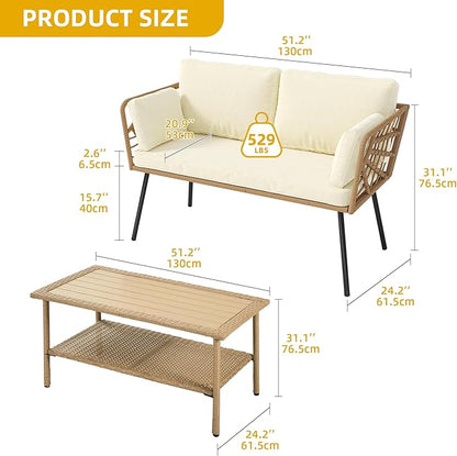 DWVO 2-Piece Patio Set, Wicker Loveseat with Plush Cushions & Rattan Side Table, All-Weather Outdoor Conversation Furniture for Balcony, Deck, Backyard, Poolside