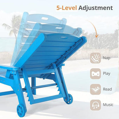 LUE BONA Chaise Lounge Chair with Table, 6-Piece, HDPS Chaise Lounger, 5 Positions Adjustable Lounge Chairs, Pool Lounge Chair with Wheels for Poolside, Backyard, Blue