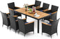 Tangkula 9 Pieces Rattan Outdoor Dining Set for 8, Outdoor Acacia Wood Table Set with 8 Cushioned Wicker Chairs, Umbrella Hole, Patio Dining Furniture Set for Deck Pool Backyard