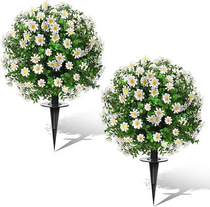 Artificial Topiary Bushes for Outdoors with Spike, Boxwood Ball Fake Shrubs UV Resistant Faux Plants for Indoor Outdoor Fall Thanksgiving Halloween Decor (Sunflower Boxwood White -2 Packs)