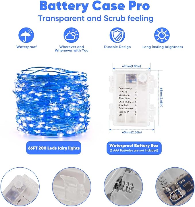 Indoor String Lights, Blue LED Battery Operated with Remote, 65.6 Ft