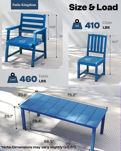 9-Piece Outdoor Dining Set for 8, 75.2'' HDPE Table with Umbrella Hole & Chairs, Weather-Resistant Patio Furniture for Lawn, Yard, Balcony, Deck Navy Blue