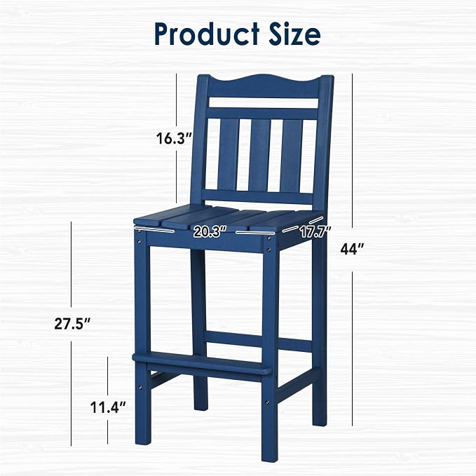 Bar Stools Set of 2, Navy Blue HDPE Outdoor Bar Height Chairs