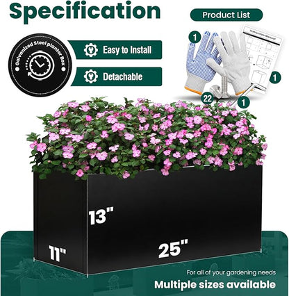 Galvanized Steel Metal Planter 25" L x 11" W x 13" H Rectangular Indoor Black Planter Box Large Outdoor Planters Steel Commercial Residential for Patio, Garden