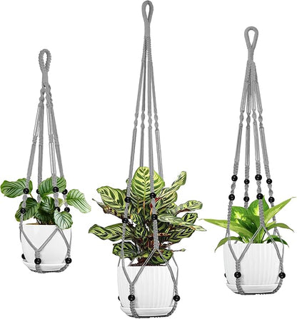 Macrame Plant Hanger - Fits 4 to 15 inches Pots for Indoor Outdoor, 43"/35"/29" Different Sizes Set, Gray (POTS NOT Included)