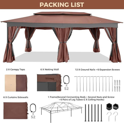 COBIZI Gazebo 12x20 Heavy Duty Gazebos with Curtain and Netting Outdoor Gazebo Canopy Double Roof Patio Gazebos with Metal Steel Frame for Patio, Deck, Backyard-Brown