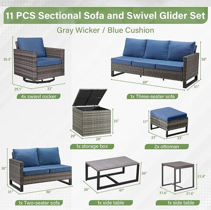 Belord Spacious 11 Pieces Patio Conversation Set - 5-Seater Outdoor Furniture Sectional Sets with Swivel Glider Chairs Set of 4 and Storage Box, Metal Top Coffee Table with Embedded Ottoman Gray