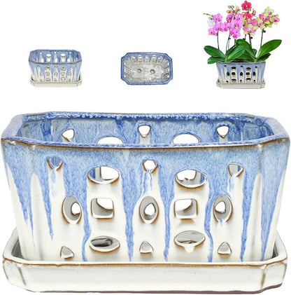 W&W Orchid Pot with Holes and Saucer for Repotting, Blue and White, 9.7 Inch