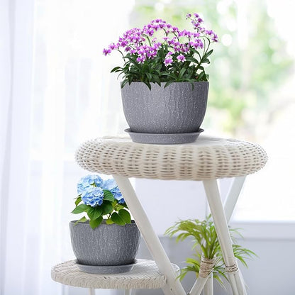 Large Flower Pots 12/10/9 inch, 3 Set Big Plant Pots for Outdoor Indoor Plants with Water Ripples, Wide Plastic Planters with Drainage Holes and Saucers for Garden House Plants, Speckled Grey