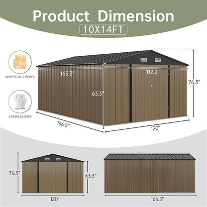 Devoko 10x14 FT Outdoor Storage Shed, Large Metal Storage Sheds with Lockable Door, Utility Garden Tool Shed with Sloping Roof, Outside Steel Storage Sheds for Patio Lawn Backyard, Brown