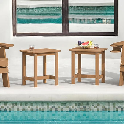 LUE BONA Outdoor Side Table Set of 2, HDPS Small Outdoor Adirondack Side Tables, Outside End Table for Patio, Porch, Deck, Pool, Weather Resistant/Easy Maintenance, Teak Color