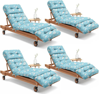 4 Pack Outdoor Chaise Lounge Chair Cushion 75.1 x 22.8 x 4.7 Inches 100% Waterproof Replacement Cotton Patio Pool Lounge Chair Cushion for Outdoor Furniture with Ties, Blue Butterfly