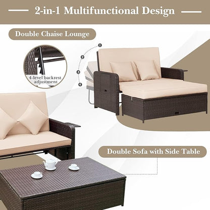 HAPPYGRILL Patio Rattan Wicker Daybed with Loveseat & Storage Ottoman, Outdoor Lounge Sofa Furniture Set with Adjustable Backrest & Side Trays, for Poolside Deck Porch Lawn (Mix Brown & Beige)