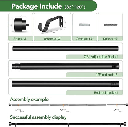 2 Pack Curtain Rods for Windows 66 to 120, 1 Inch Black Adjustable Heavy Duty Extra Long Curtain Rod with End Caps, Modern Indoor Outdoor Window Drapery Rods for Patio Bedroom, Size 32"-120"