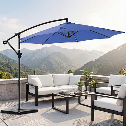 OLIXIS 9.7FT Offset Patio Umbrella with Base, Cantilever Table Umbrellas for Outdoor Sun Shade UV Protection with Easy Tilt Adjustment, 8 Ribs for Backyard, Lawn, Garden, Pool - Blue