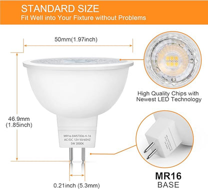 Mlambert 12 Pack MR16 LED Bulbs 50W Halogen Equivalent,3000K Soft White,5W GU5.3 MR16 12V Spotlight Bulb,Non-Dimmable,45° Beam Angle for Landscape, Recessed