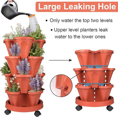 DUNCHATY Stackable Planters 4 Tier Vertical Garden Planting Tower Planters Strawberry, Herb, Flower, and Vegetable Planter Indoor Outdoor Gardening Pots with Removable Wheels and Tools