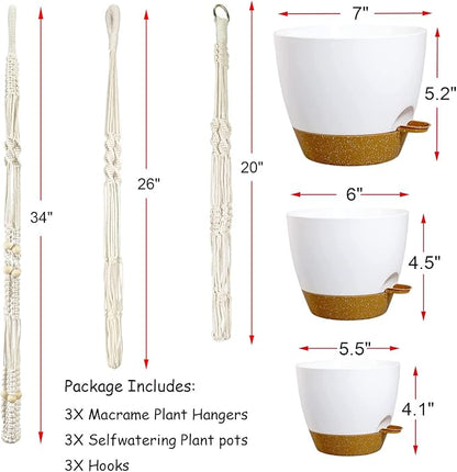 Hanging Planters with Macrame Plant Hangers for Indoor Outdoor Plants 3 Set Self Watering Pots Hanging Baskets Flower Pot Holders 3 Different Size