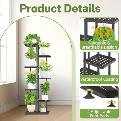 iDavosic.ly Plant Stand with Grow Light Indoor Outdoor, 6-Tier Tall Metal Flower Shelf for Heavy-Duty Large Planters, Corner Orchid Display Rack for Living Room Balcony Patio Porch, Modern Black