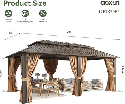 Aoxun 10x12 Gazebo Outdoor Hardtop Gazebo with Double Galvanized Steel Roof Metal Frame Pavilion with Breathable Netting and Privacy Curtain for Backyard (Brown)