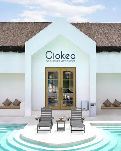 Ciokea Outdoor Chaise Lounge Chair Set of 2, Patio Lounge Chairs for Outside, HDPE Lounge Chairs with Wheels & Cup Holder, Poly Lounge Chair with 5 Position for Poolside, Deck, Dark Grey