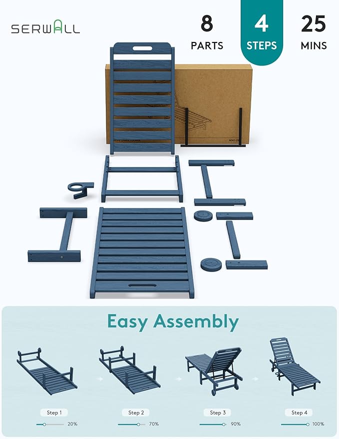 SERWALL Outdoor Chaise Lounge, Patio Chaise Lounge Chair with 5 Positions Adjustable Backrest, HDPE Lounger with Rolling Wheels & Cup Holder for Pool, Navy