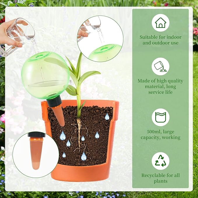 3pcs Large Plant Self Watering Globes, 17.5 oz Plastic Water Bulbs Top Fill, Plant Watering Devices System Slow Release Terracotta, Water Spikes Stakes for Indoor(3pack)
