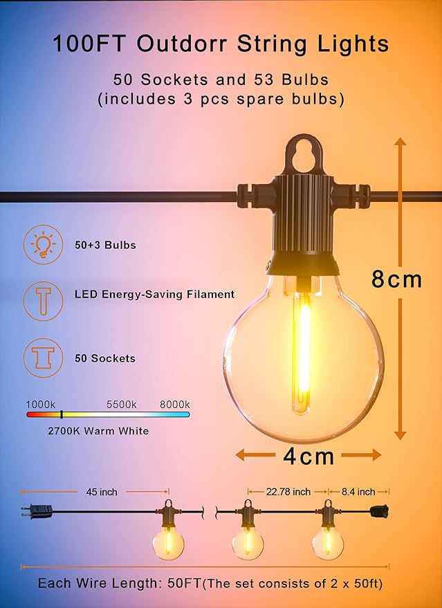 String Lights, 100 ft Warm White LED, Waterproof Outdoor