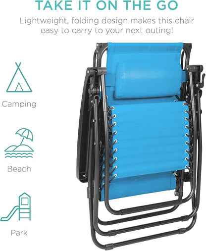 Best Choice Products Folding Zero Gravity Outdoor Recliner Patio Lounge Chair w/Adjustable Canopy Shade, Headrest, Side Accessory Tray, Textilene Mesh - Light Blue