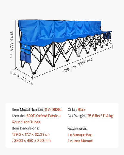 VEVOR Portable Folding Bench, 8 Seat Foldable Soccer Bench with Side Pockets and Carrying Bag, Lightweight Sideline Seating with Back Rest for Football, Baseball, Camping, Outdoor Events, Blue