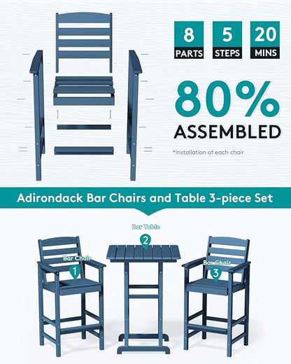 SERWALL 4 Pieces Outdoor Patio Bar Set with 9ft Umbrella, Outdoor HDPE Barstool and Table Furniture Set with Patio Umbrella, Blue