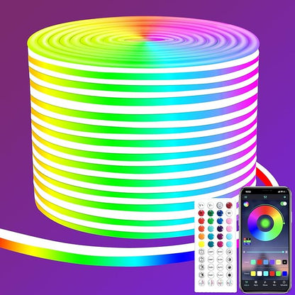 50ft RGB LED neon Rope Lights LED neon Lights with Remote Control/APP Control IP65 Waterproof Flexible Neon LED Strip Lights for Bedroom Room Outdoors Décor