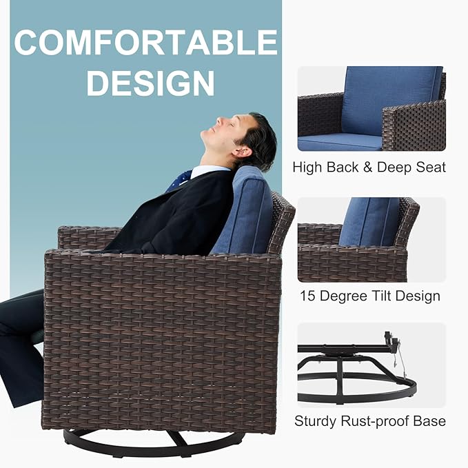 Belord Wicker Chairs Outdoor Bistro Set Oversize Patio Swivel Rocker, Rattan Outdoor Seating Set of 2 Swivel Glider Chairs Wicker Furniture for Porch Deck Backyard with Water-Resistant Cushion Brown